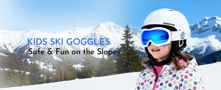 Child wearing vanrora ski goggles with mountain background