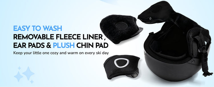 Black ski helmet with removable parts on a light blue background