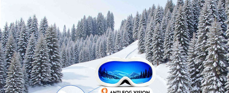 Vanrora ski goggles with Anti fog Vision over a snowy landscape with trees