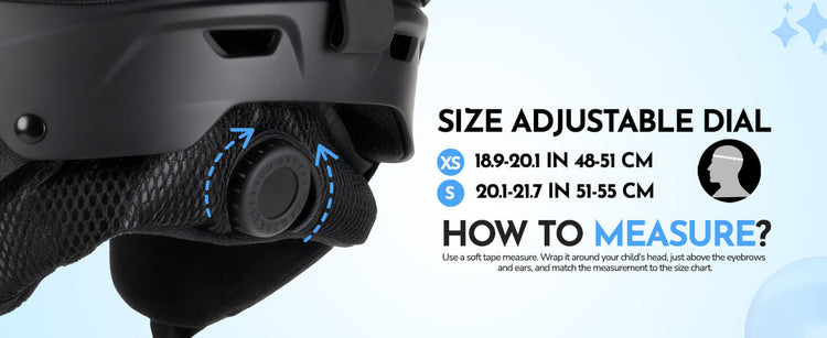 Black ski helmet with adjustable size dial on a light blue background