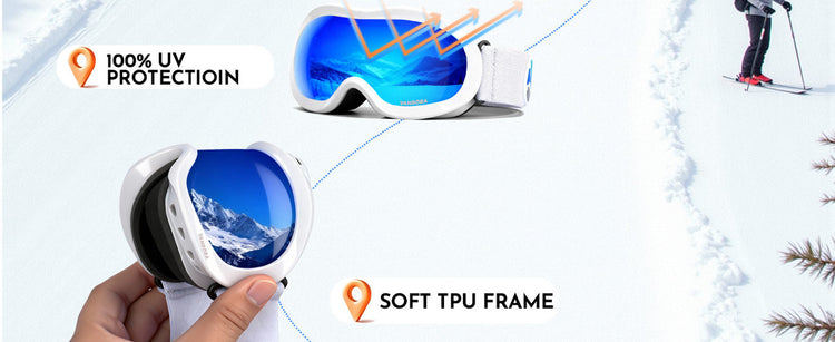 Vanrora kids ski goggles with UV protection and soft TPU frame features.