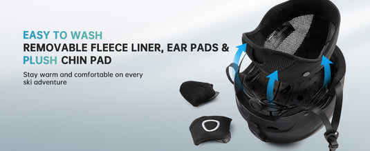 Black ski helmet with detachable parts on a light gray background, featuring text about liner, ear pads, and chin pad.