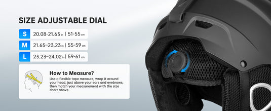 Black helmet with adjustable size dial and measurement chart on a light gray background