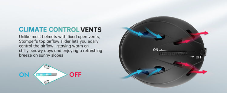Climate control vents on a helmet with airflow direction indicated, on a light gray background.