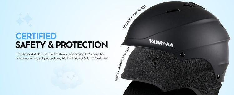 Black ski helmet with Vanrora logo on a light blue background, emphasizing safety and protection