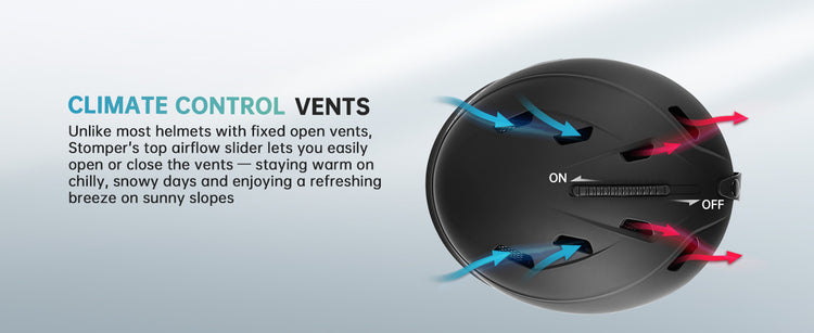 Climate control vents on a helmet with airflow indicators on a light gray background