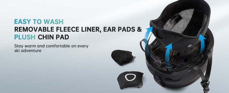 Black ski helmet with detachable parts on a light gray background, featuring text about removable fleece liner, ear pads, and chin pad.