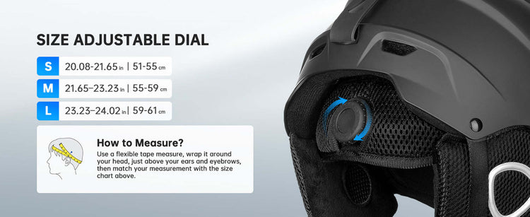 Black helmet with adjustable size dial and measurement chart on a light gray background