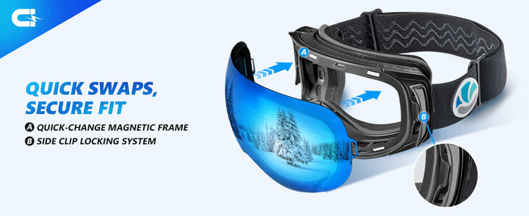 Vanrora sk goggles with quick-change magnetic frame and side clip locking system on a light blue background